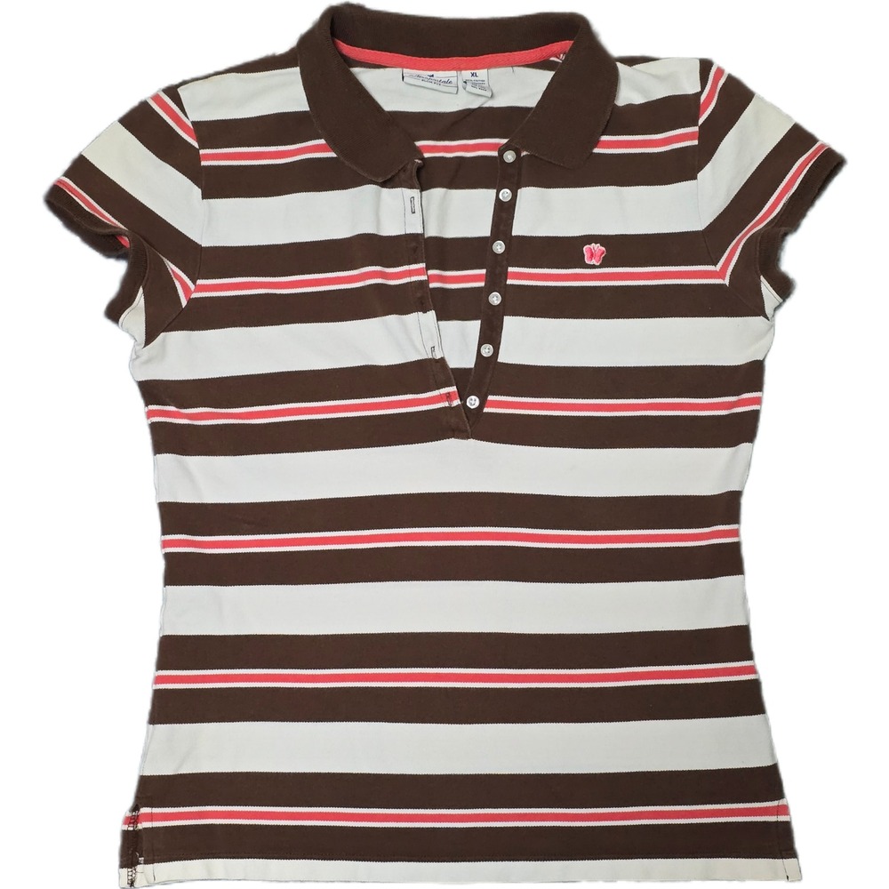 Aeropostale Polo Shirt Womens XL Brown Pink Striped Slim Fit Butterfly Good